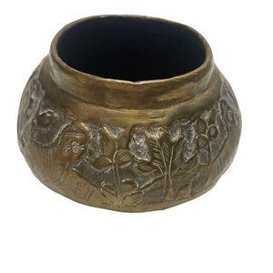 Vintage Brass Hammered Pot 3" Floral Pattern Candle Holder Flower Pot Decor